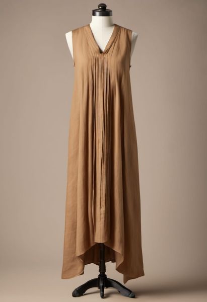 Camel Linen Pleated Dress